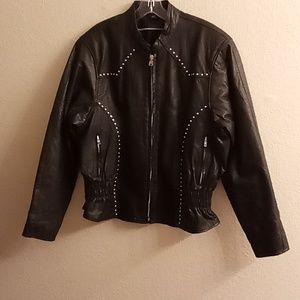 VINTAGE GENUINE LEATHER Matrix Biker Bomber Goth Sz 2XL Black Sliver Studs CG